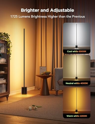 Modern floor lamp with brightness and color temperature options displayed.