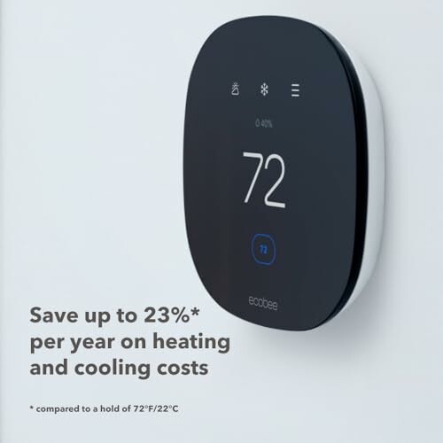 Ecobee thermostat showing temperature 72, with text about saving on heating and cooling costs.