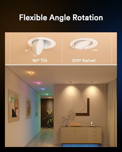 Ceiling light demonstrating 90-degree tilt and 270-degree swivel features in a modern hallway.