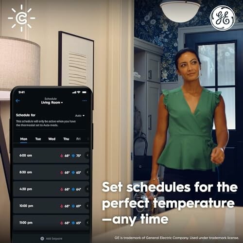 Woman adjusting smart thermostat schedule on phone app.