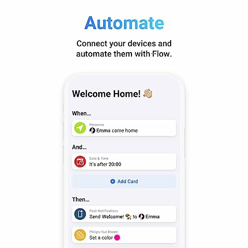 Mobile app interface for home automation with flow setup.