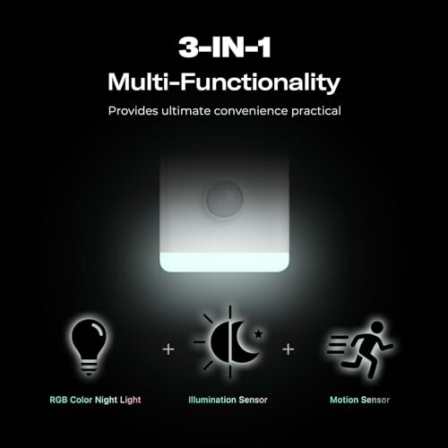 3-in-1 multi-functional sensor with RGB color night light, illumination sensor, and motion sensor.