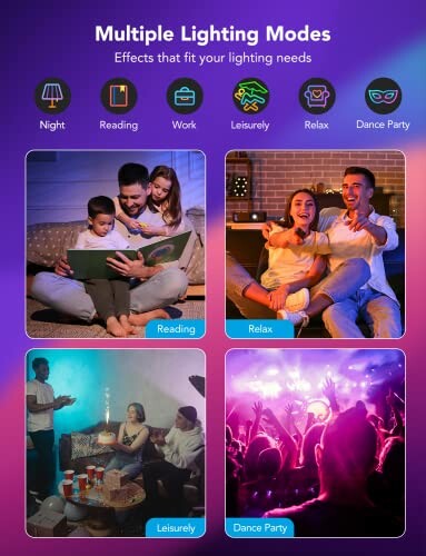 Image showcasing multiple lighting modes: reading, relax, leisurely, dance party.