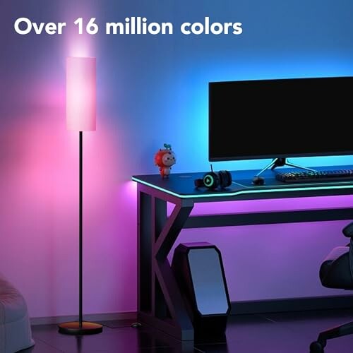 RGB floor lamp in a gaming setup with colorful lighting.