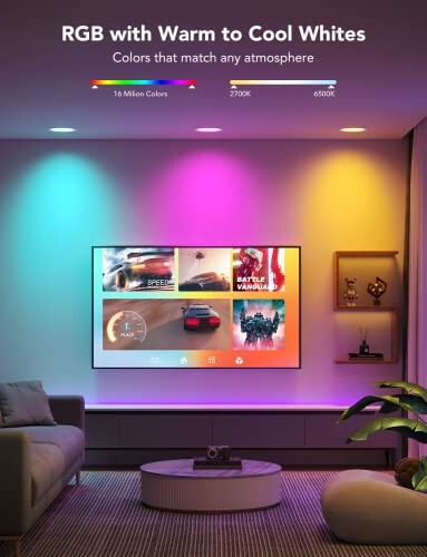 Modern living room with RGB lighting and TV display