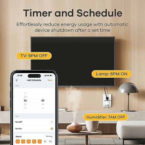 Smart device timer and schedule setup on phone with TV, lamp, and humidifier.