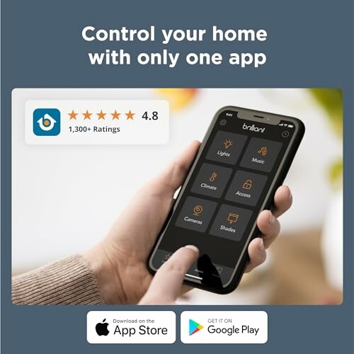 Smartphone displaying home control app interface, with multiple apps and devices displayed on the screen.