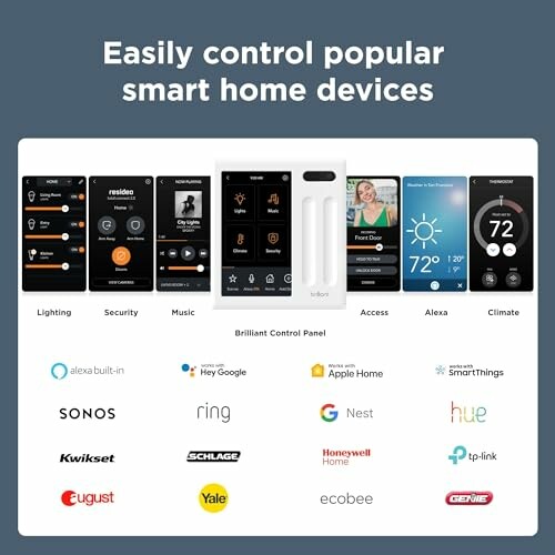 User interface for controlling smart home devices including lighting, security, music, access, and climate.