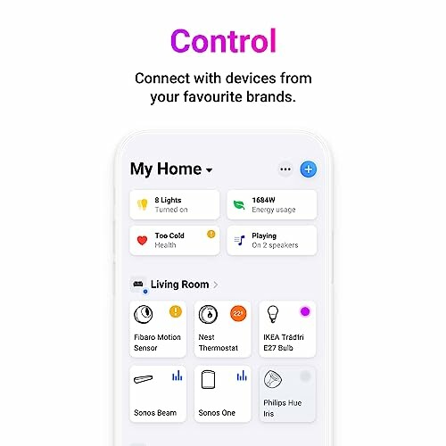 Smart home control interface with device connectivity options.