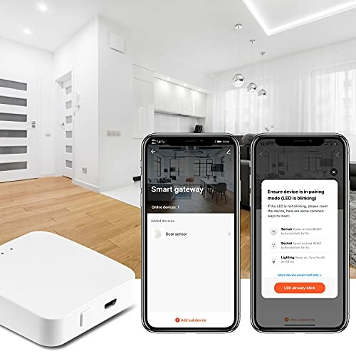 Smart home gateway setup with two smartphones displaying app interface.