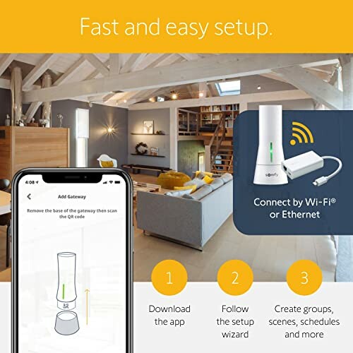 Smart home gateway setup with phone app and Wi-Fi or Ethernet connection.