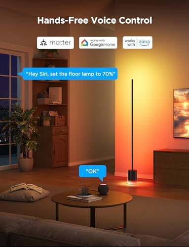 Smart home living room with voice control feature for floor lamp.