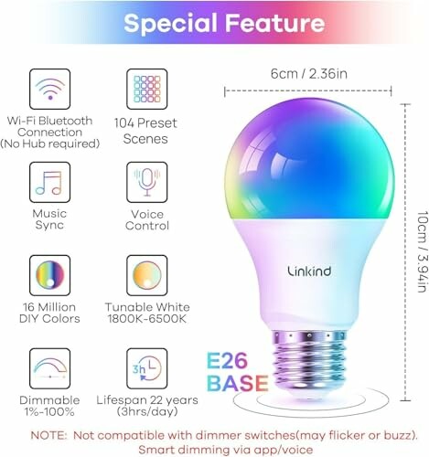 Smart LED light bulb with features like Bluetooth connection, music sync, voice control, and color options.