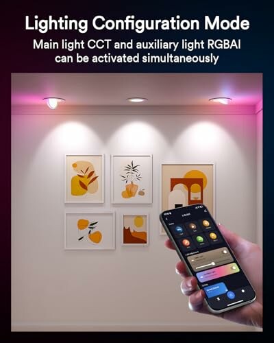 Smart lighting configuration using a mobile app, showing ceiling lights and framed artwork.