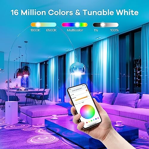 Hand holding smartphone controlling multicolor smart lighting in modern living room.