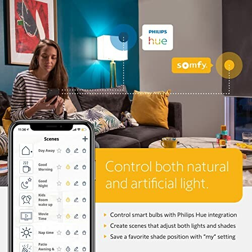 Woman using smart lighting app with Philips Hue and Somfy integration.