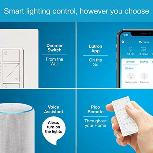 Smart lighting control options: dimmer switch, Lutron app, voice assistant, Pico remote.