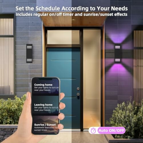 Smart lighting schedule app with phone display and house entrance.