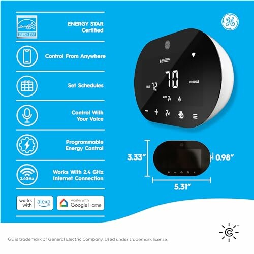 Smart thermostat with Energy Star certification and voice control features.