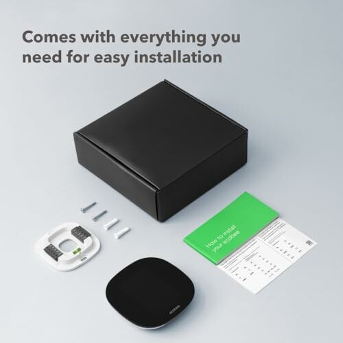 Smart thermostat installation kit with a black box, mounting plate, screws, and setup guide.