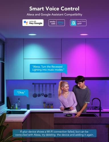 Couple using smart voice control in colorful kitchen lighting