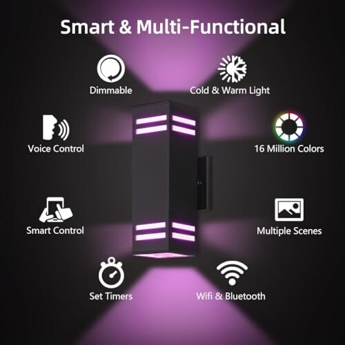 Smart wall light with features like dimmable, voice control, 16 million colors, and more.