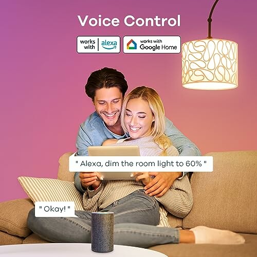 Couple using tablet for voice control of smart home devices with Alexa and Google Home.