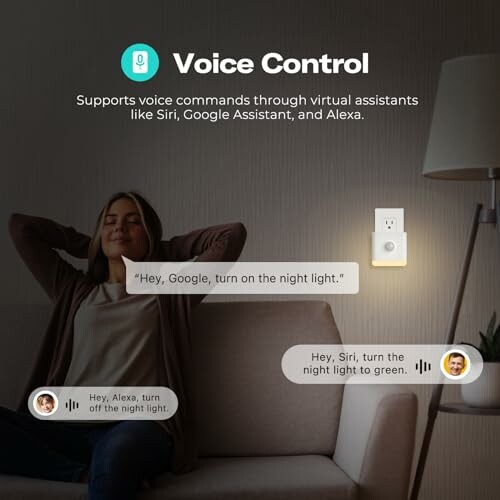 Woman uses voice commands with virtual assistants to control smart home devices.